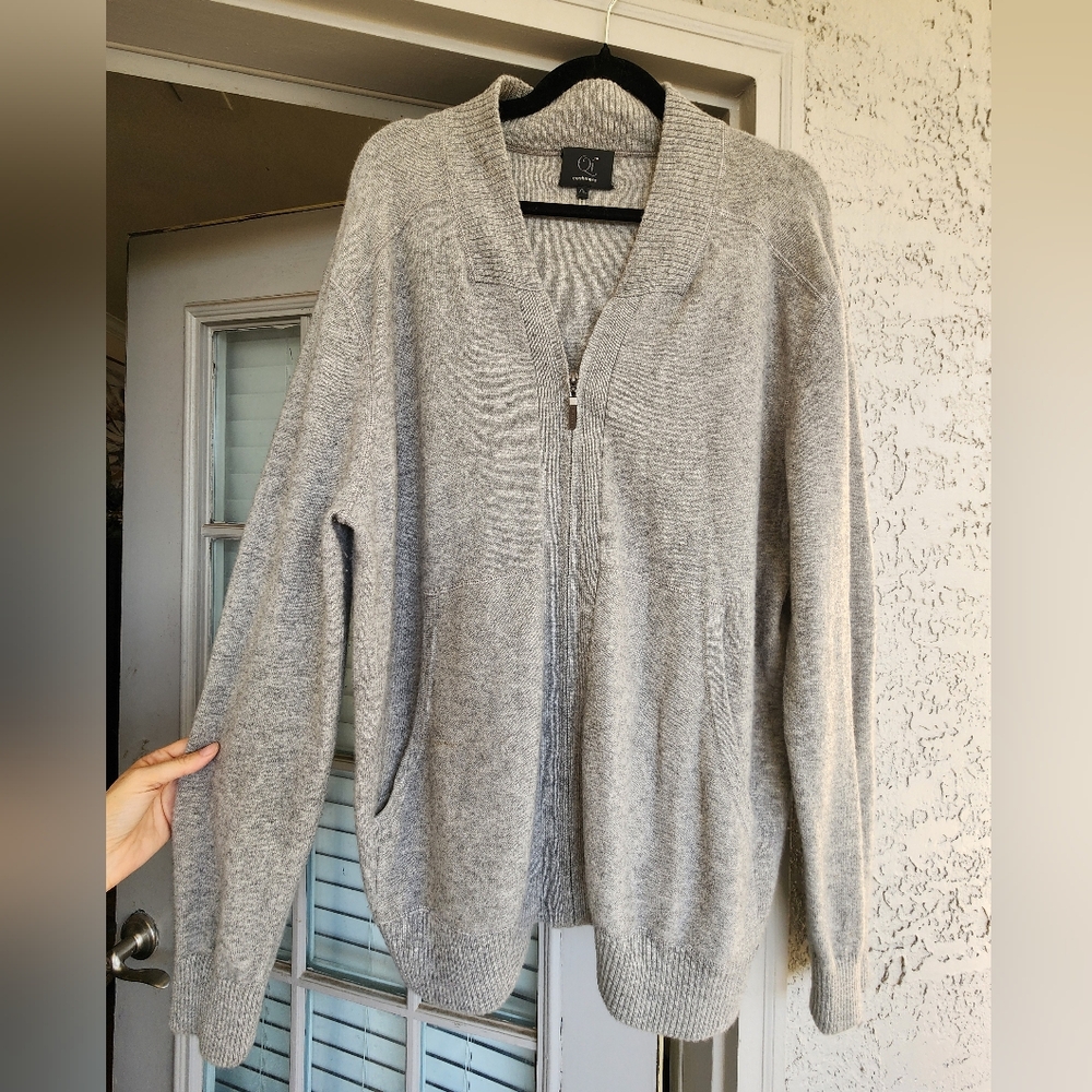 QI Cashmere Gray Zip-Up Cardigan Xxl